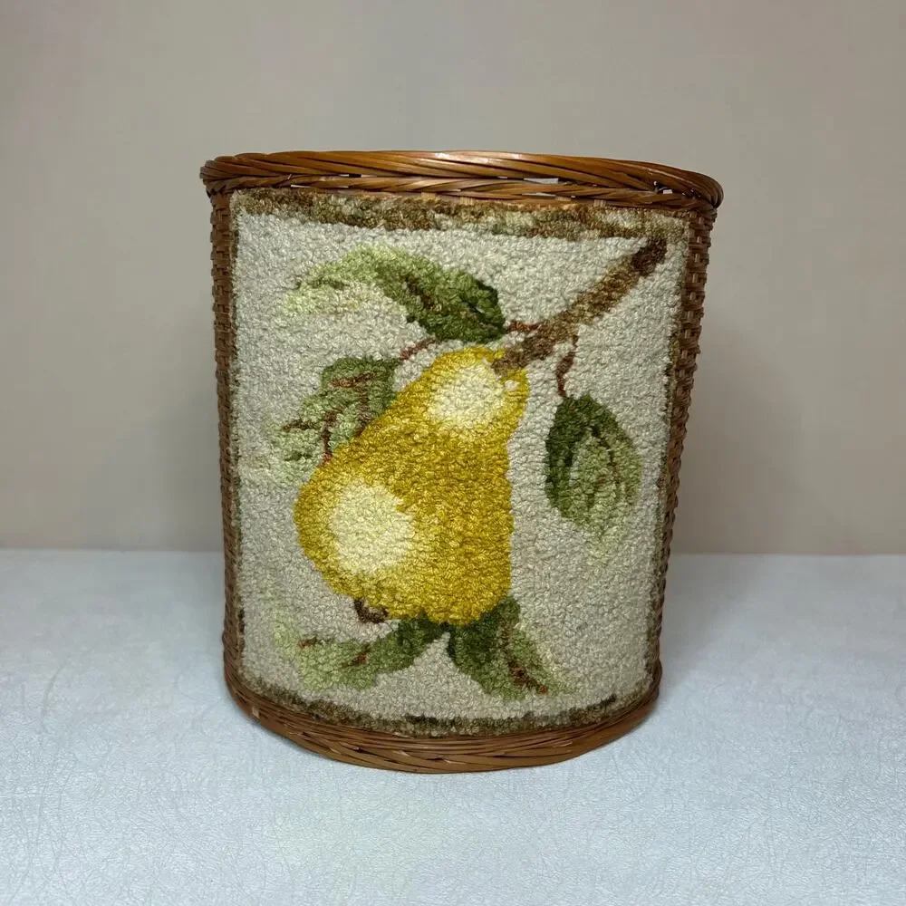 Vintage Boho Woven Rattan Wastebasket Needlepoint Pear Basket